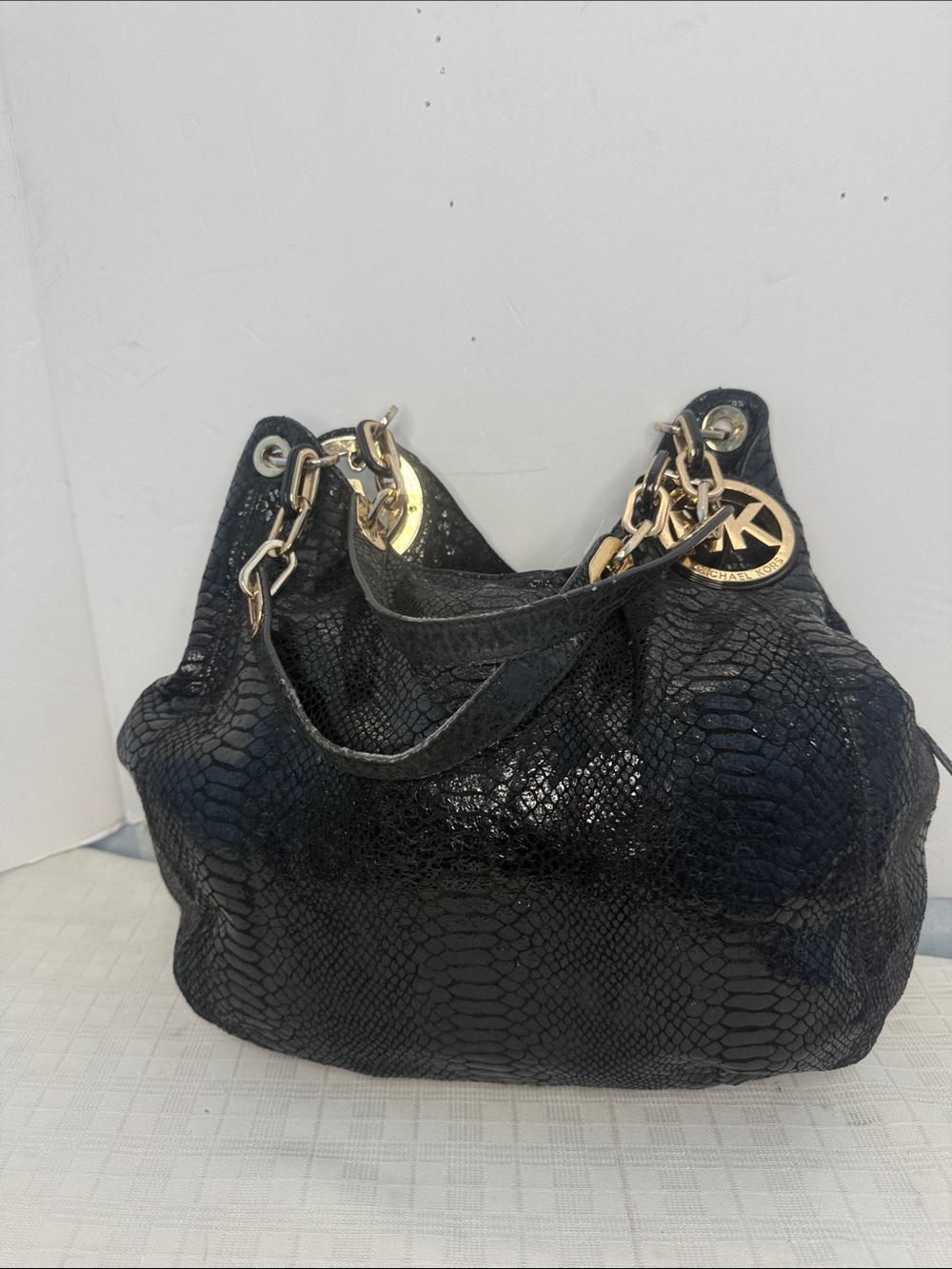 Michael Kors Fulton Snakeskin Black Leather Suede Shoulder Purse Large Boho